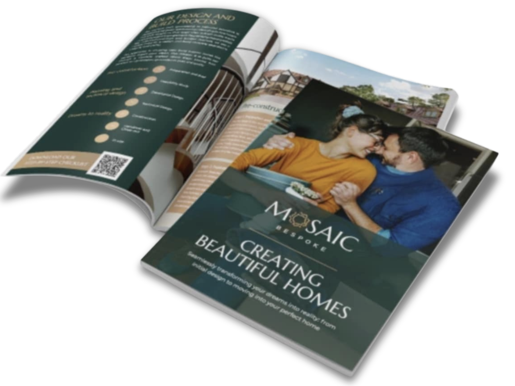 The Mosaic Bespoke brochure, Creating Beautiful Homes, open on a white surface