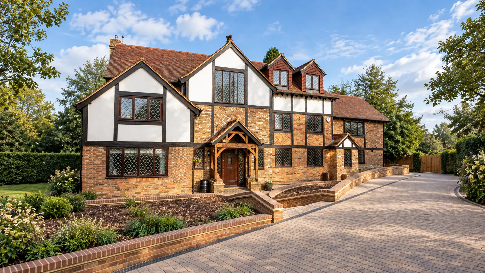 A bespoke Tudor style new build home with brick and timber framing and a block paved driveway, by day